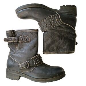 Ash Rebel Black Leather Studded Biker Boots Womens 9 US Distressed Moto Lug Sole